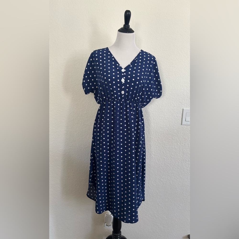 SHEIN Polka Dot Midi Dress Medium Navy Blue V-Neck Button Front Elastic Waist